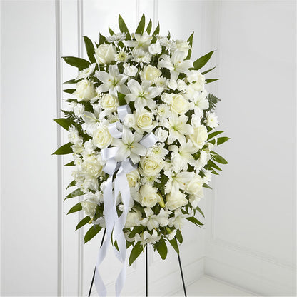 Exquisite Tribute Standing Spray-White Ribbon